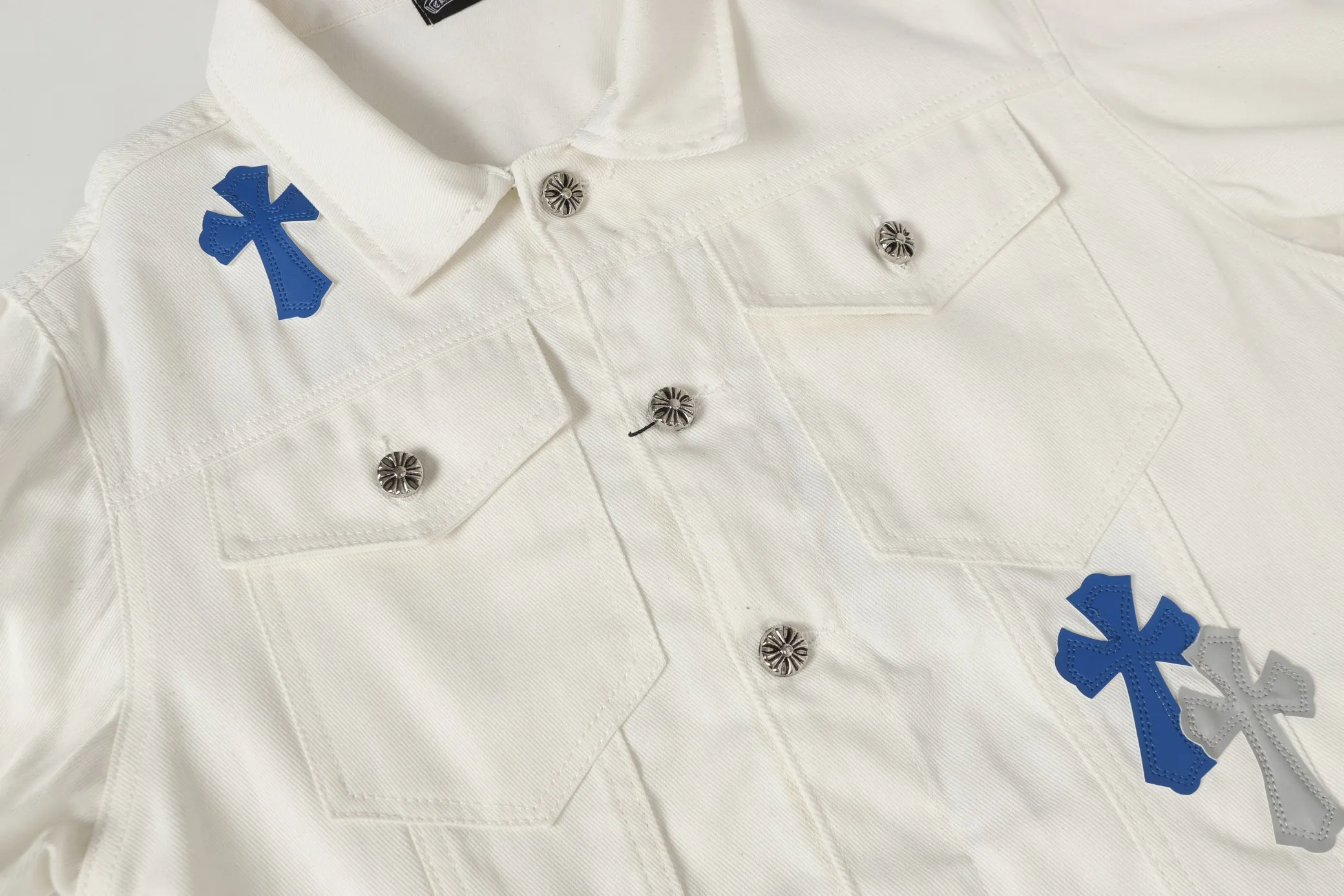 P360 Chrome Hearts 25ss patchwork leather cross patchwork embroidered shirt denim jacket Color: Picture color Size: M-3XL